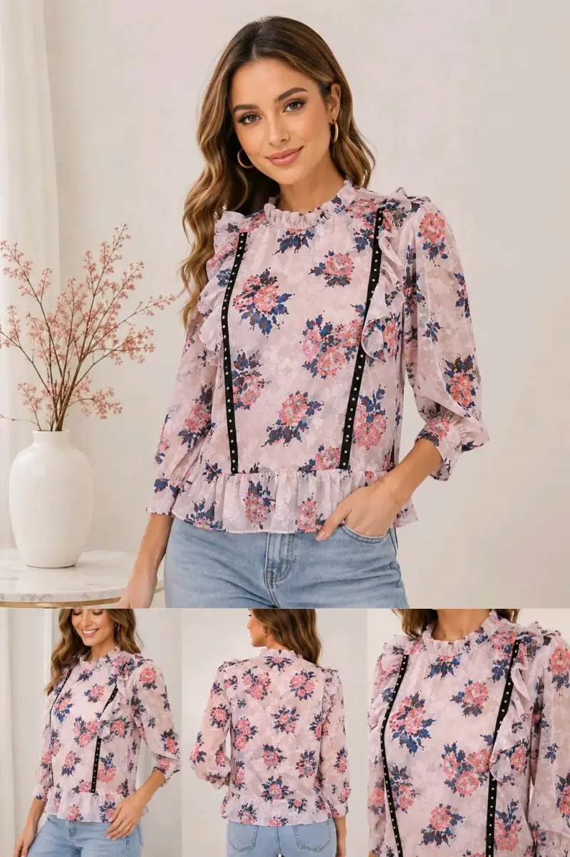 Blusa floral con vuelos y mangas largas