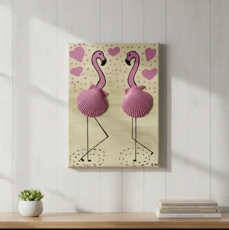 Cuadro decorativo con flamencos y conchas de 18x24 - 1