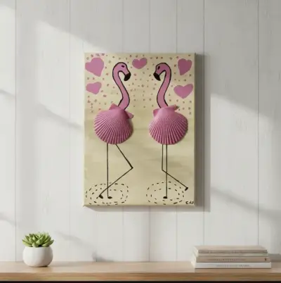 Cuadro decorativo con flamencos y conchas de 18x24 - miniatura 1