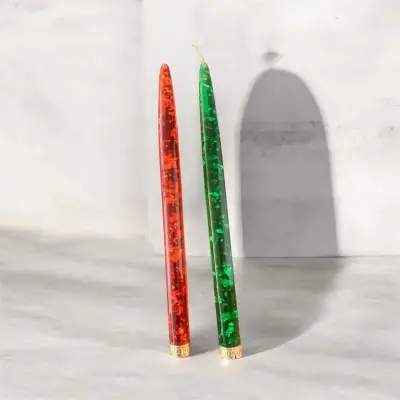 Velas decorativas rojas y verdes con brillo - miniatura 4