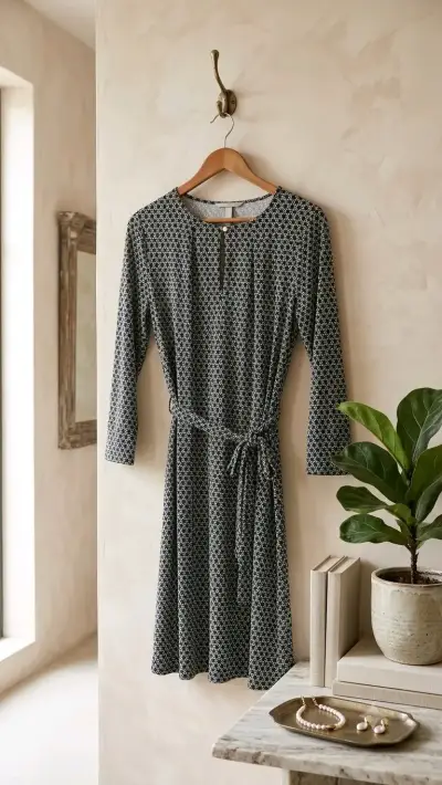 Vestido estampado de manga larga con cinturón - miniatura 1