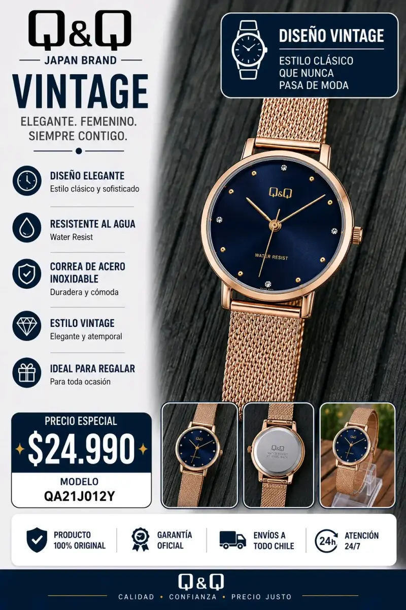 Reloj Q&Q Vintage dorado resistente al agua