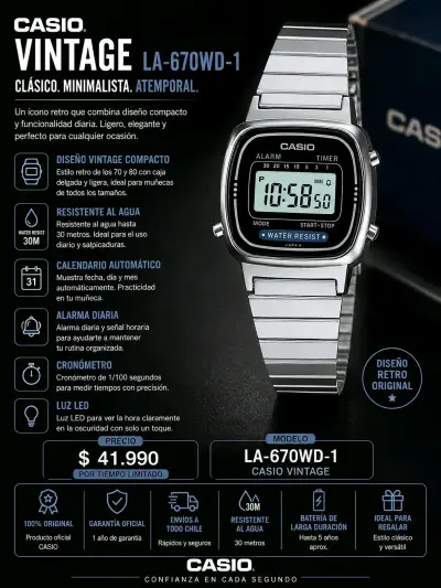 Reloj Casio Vintage LA-670WD-1 resistente al agua - miniatura 1