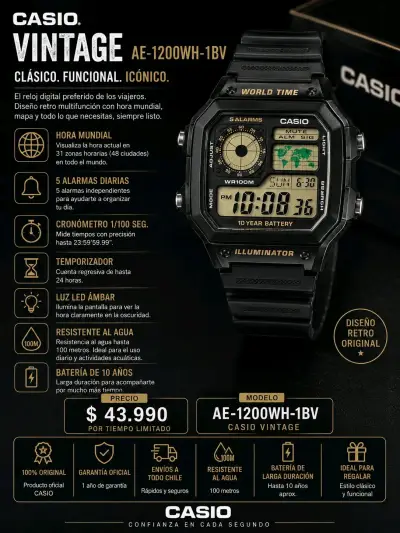 Reloj Casio Vintage AE-1200WH-1BV Negro - miniatura 1