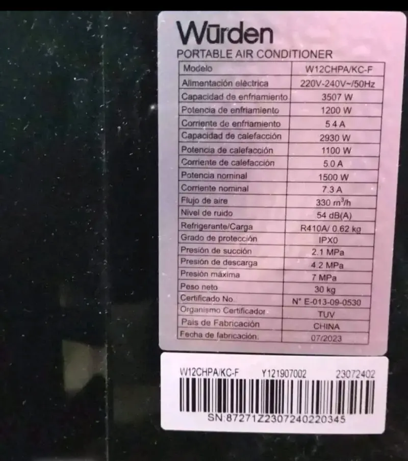 Aire acondicionado portátil Wurden W12CHPA/KC - 2