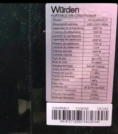 Aire acondicionado portátil Wurden W12CHPA/KC - miniatura 2