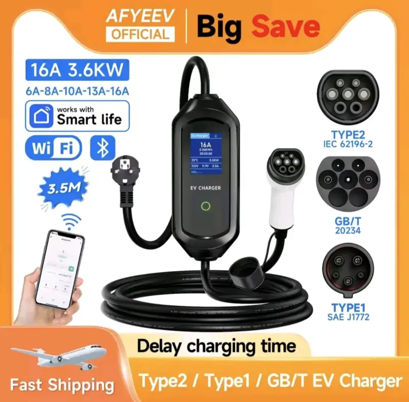 Cargador EV 16A 3.6KW con WiFi y Bluetooth