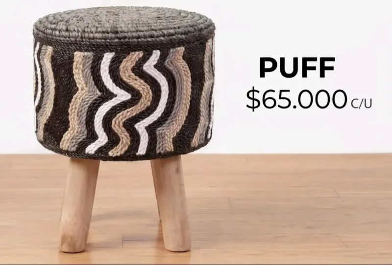 Puff tejido multicolor con patas de madera