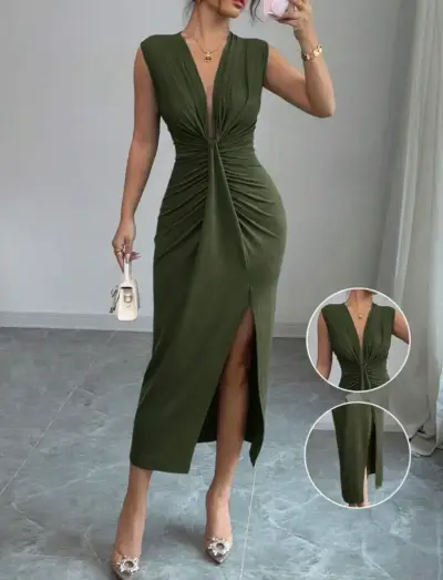 Vestido largo verde con escote profundo - miniatura 1