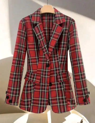 Blazer de cuadros escoceses rojo para mujer - miniatura 1