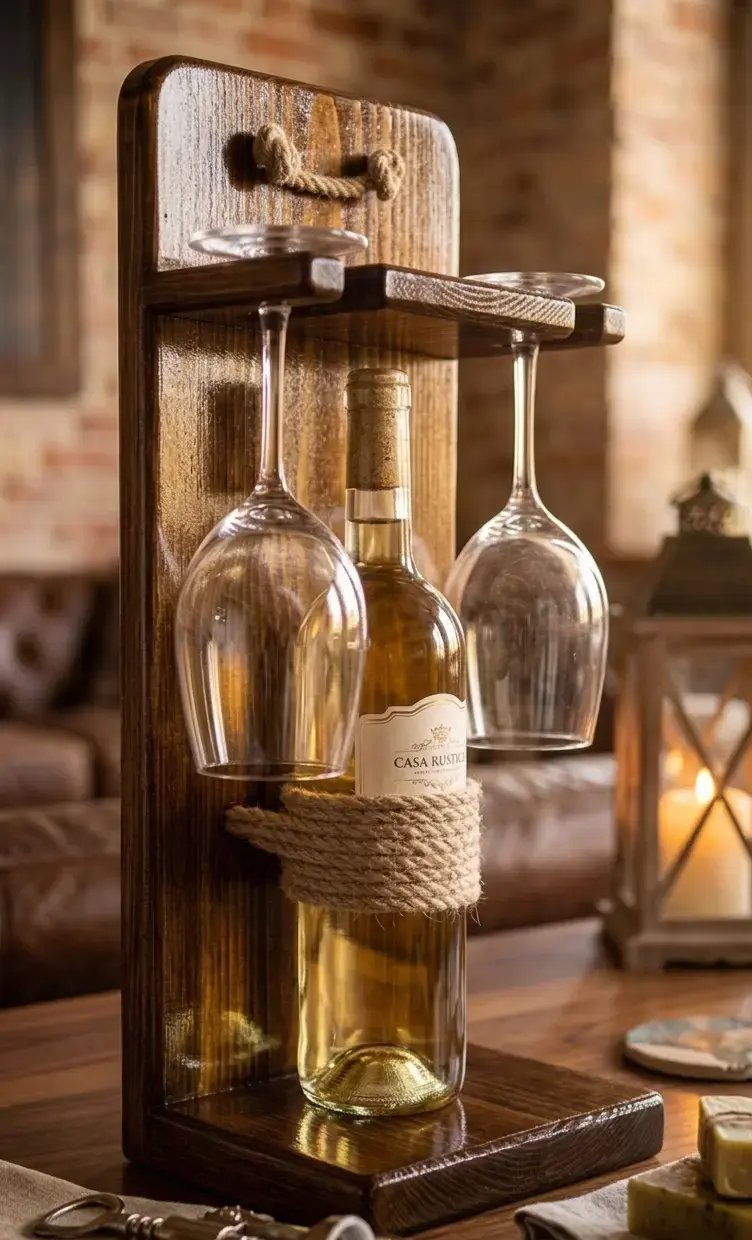 Soporte de madera para vino con copas - 1