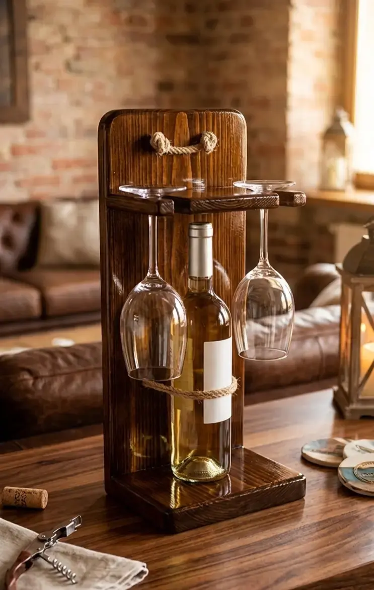 Soporte de madera para vino con copas - 2