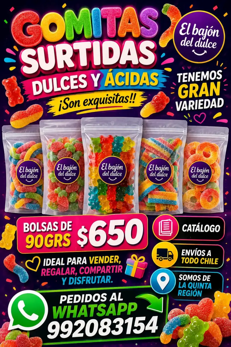 Gomitas surtidas dulces y ácidas 90g (25 bolsas)