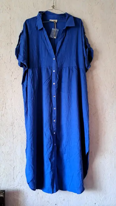 Vestido camisero azul de lino - miniatura 1