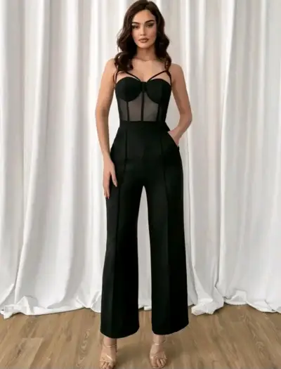 Elegante enterito negro con corset transparente - miniatura 1