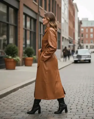 Abrigo largo, con bolsillos, Ecocuero marrón para - miniatura 2