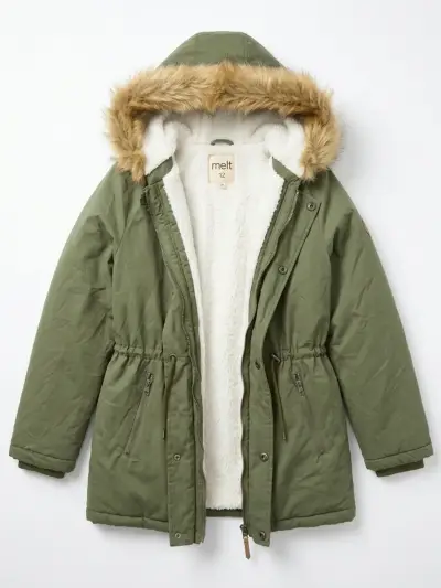 Parka verde con capucha de piel sintética - miniatura 1