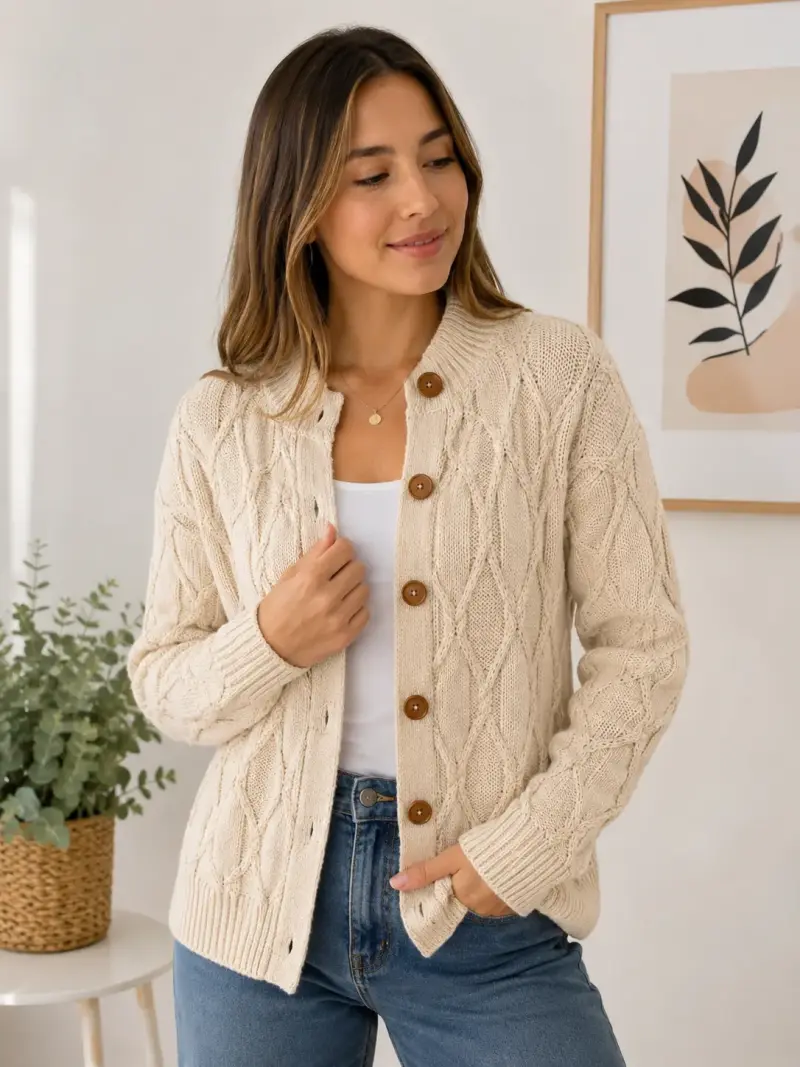 Cárdigan de punto beige con botones de madera - 1