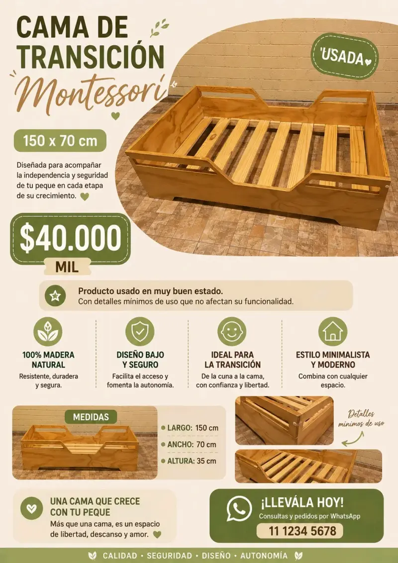 Cama de transición Montessori de madera
