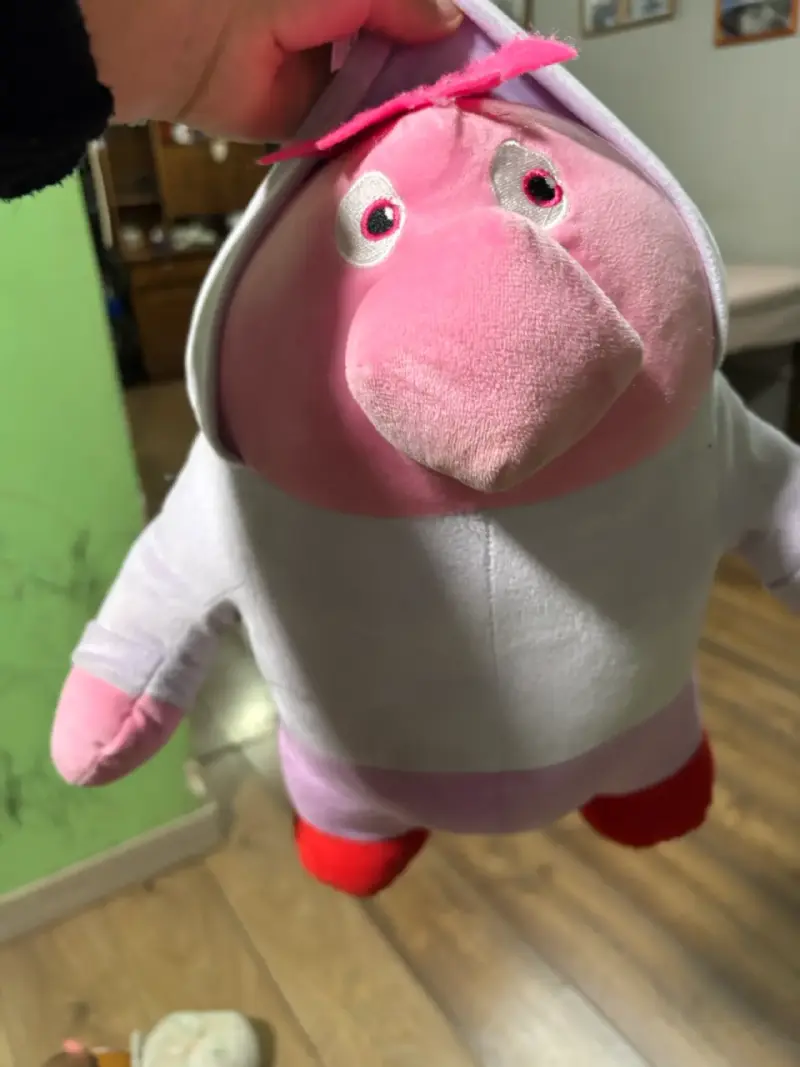 Peluche rosa con capucha y zapatos rojos - 1