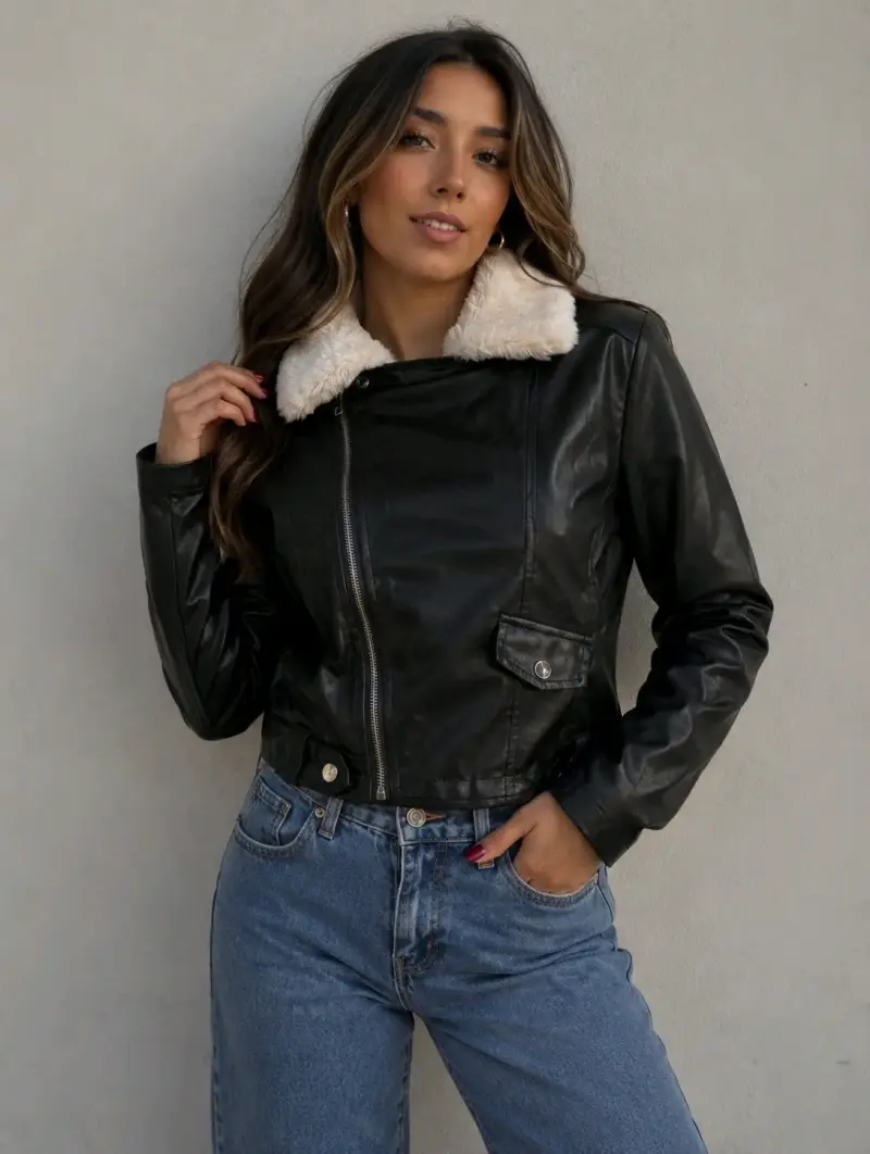Chaqueta de cuero negra con cuello de piel - 2