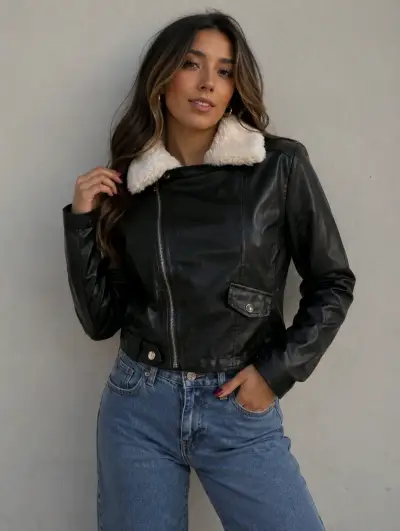 Chaqueta de cuero negra con cuello de piel - miniatura 2