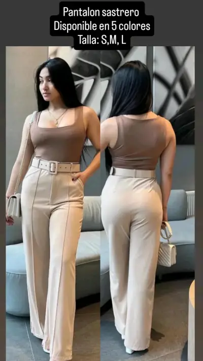 Pantalón sastre beige con cinturón elegante - miniatura 1