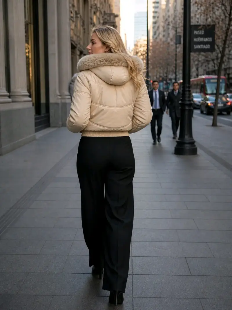 Chaqueta acolchada beige con capucha de piel - 2