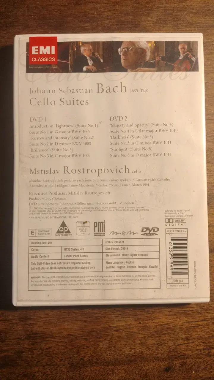 DVD Bach Cello Suites Rostropovich EMI Classics - 2