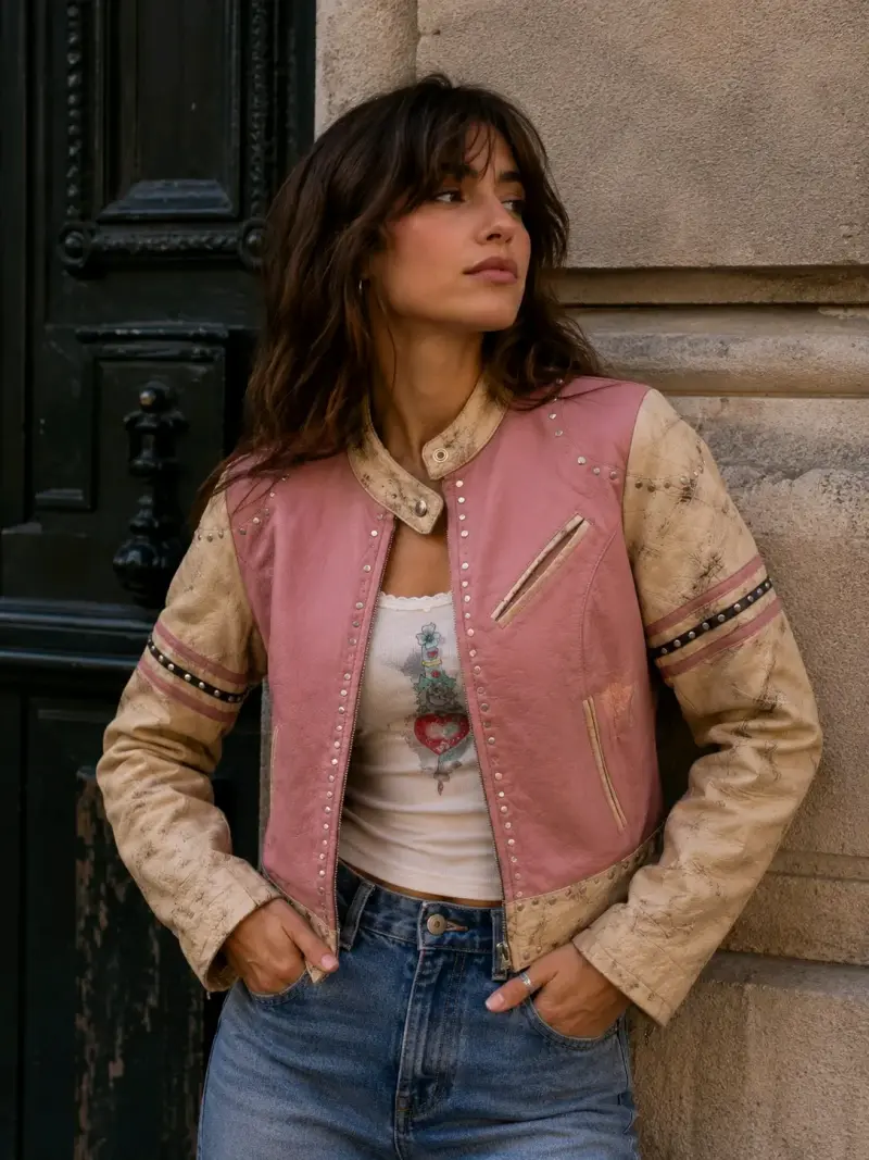 Chaqueta de cuero rosa Wilsons Leather con tachas - 3