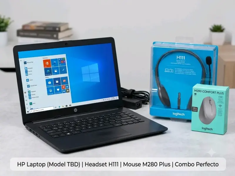 Combo HP Laptop, Logitech Audífonos y Mouse