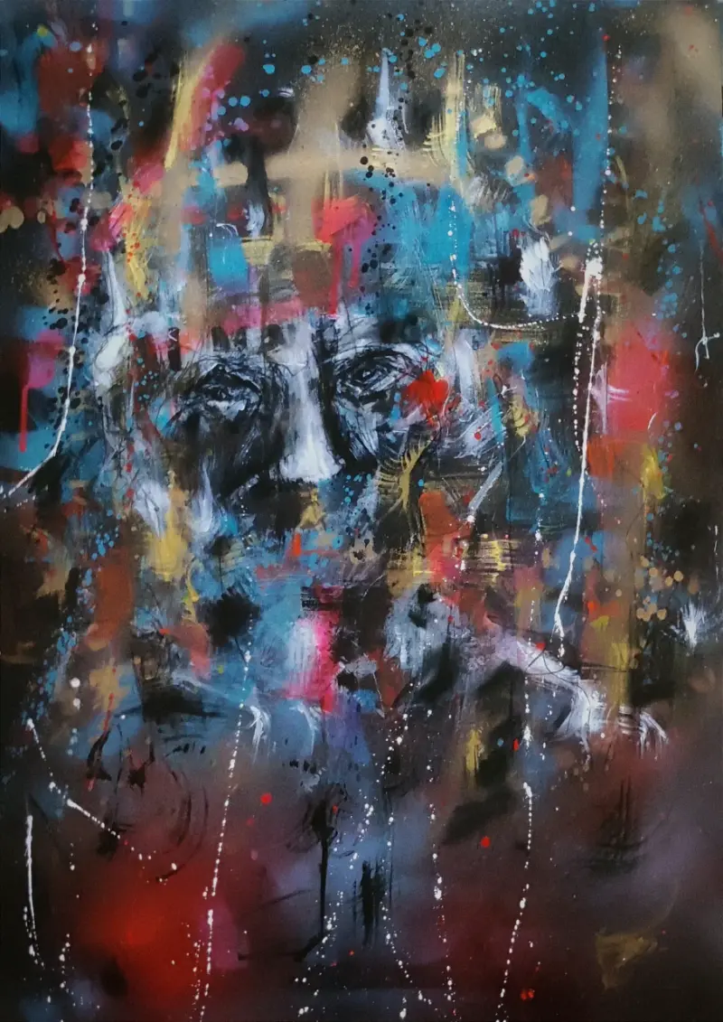 Cuadro abstracto con rostro en colores vibrantes