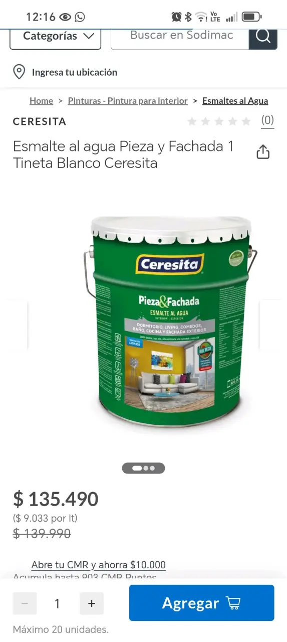 Esmalte al agua gris Ceresita 1 tineta
