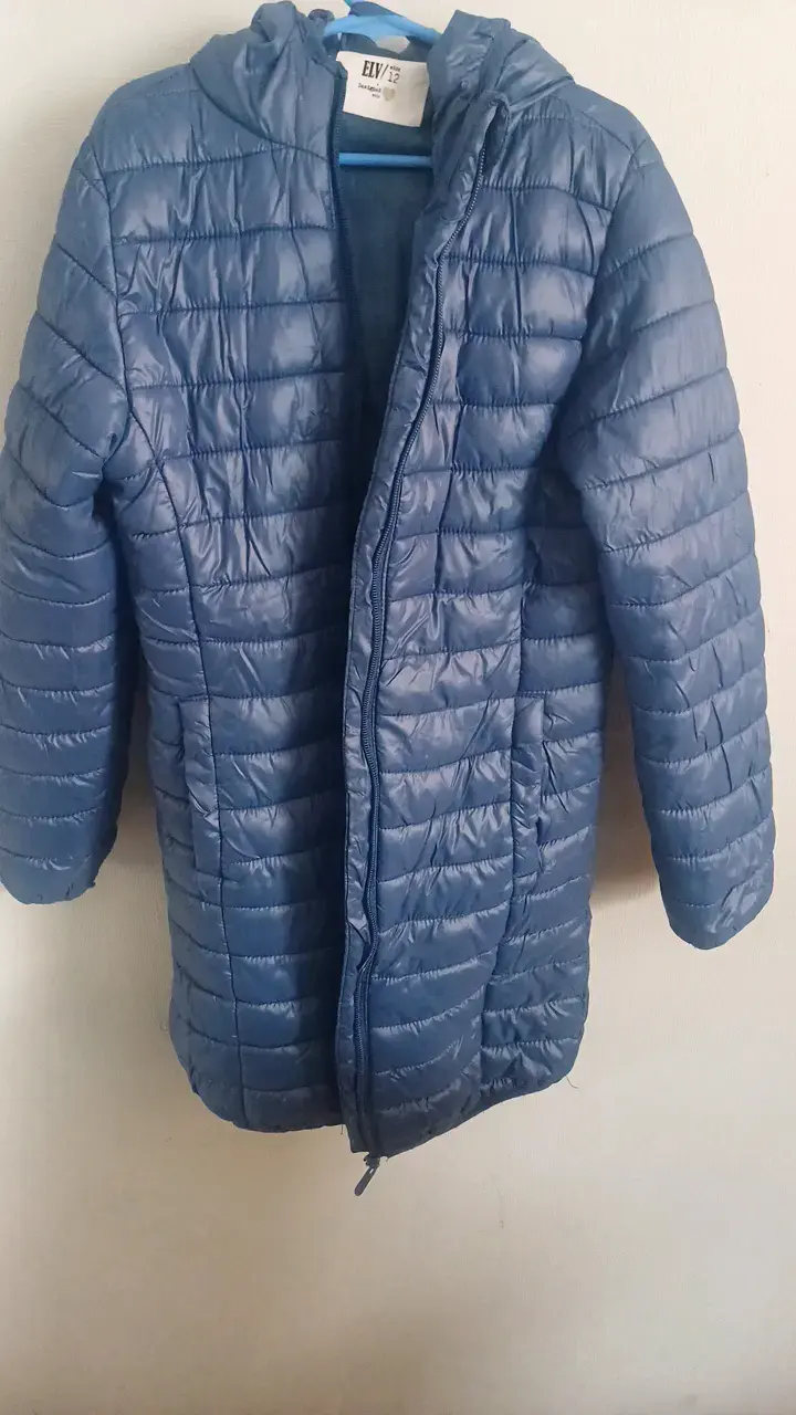 Parka larga acolchado azul con capucha para mujer - 1
