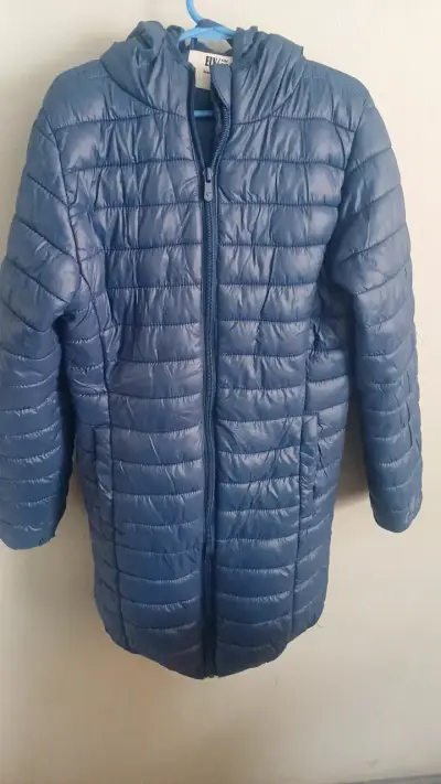 Parka larga acolchado azul con capucha para mujer - miniatura 2