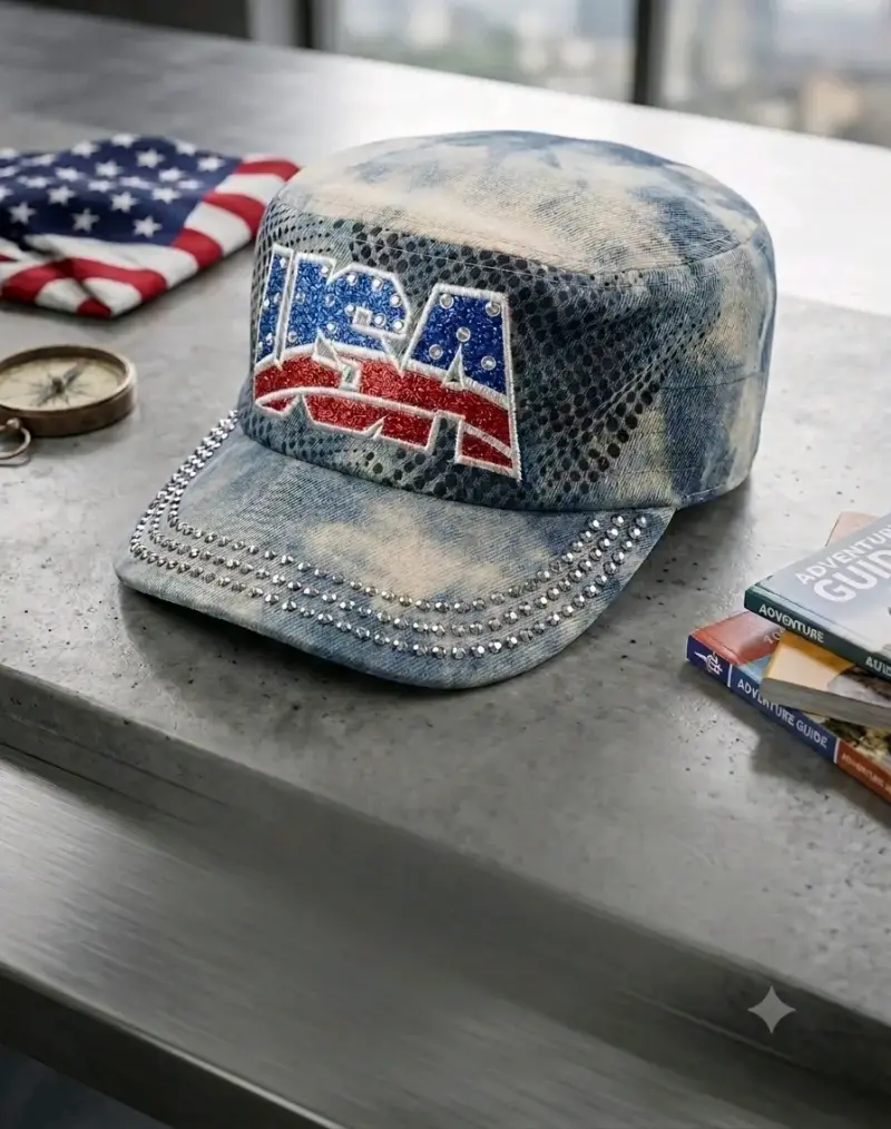 Gorra denim con diseño USA y brillantes - 1