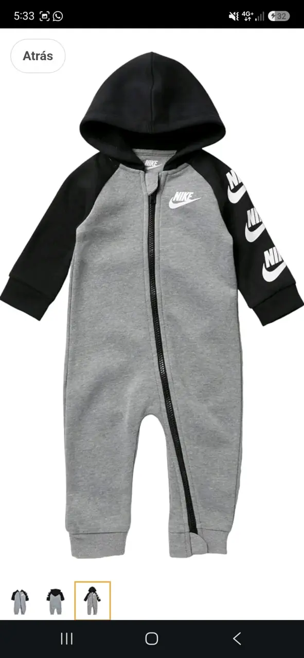 Enterito de bebé Nike gris con capucha - 1
