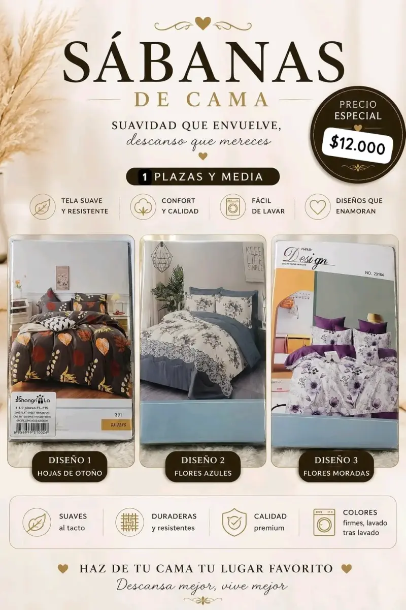 Sábanas de cama 1.5 plazas suaves y resistentes