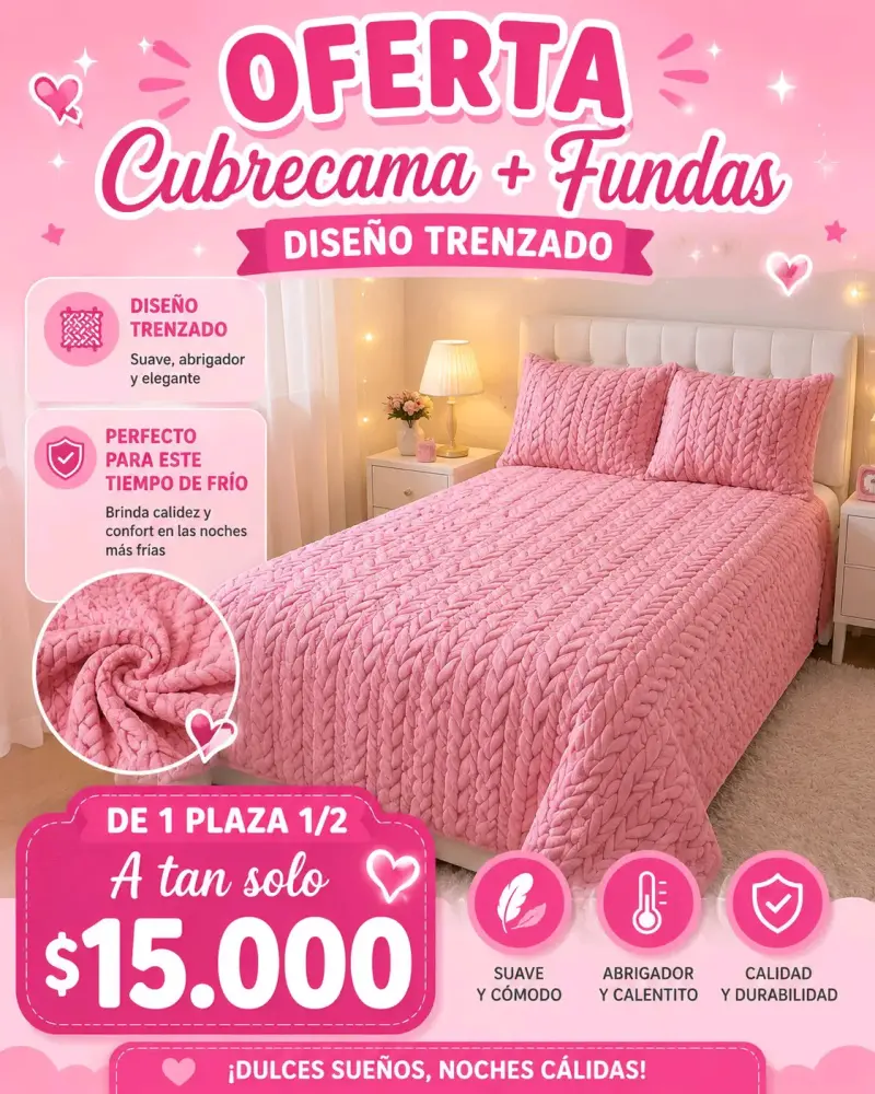 Cubre cama trenzado rosa con fundas
