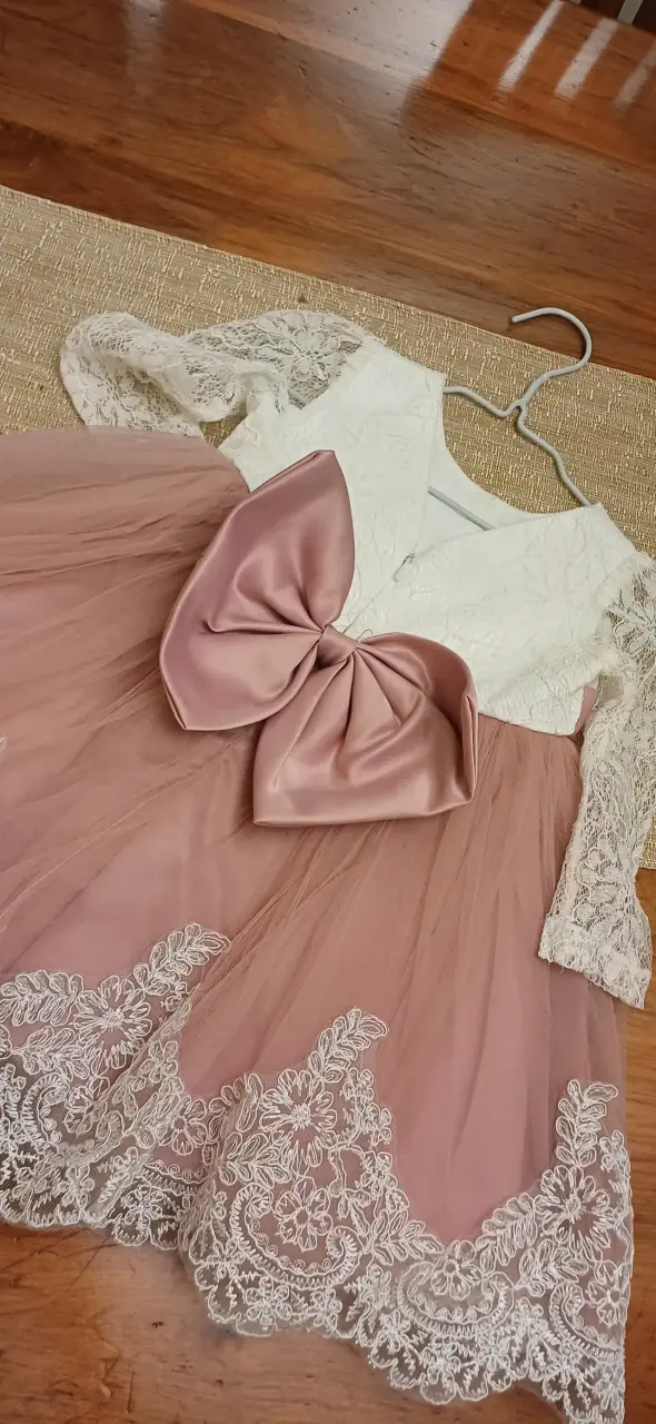 Vestido de encaje para niña con lazo rosa - 3