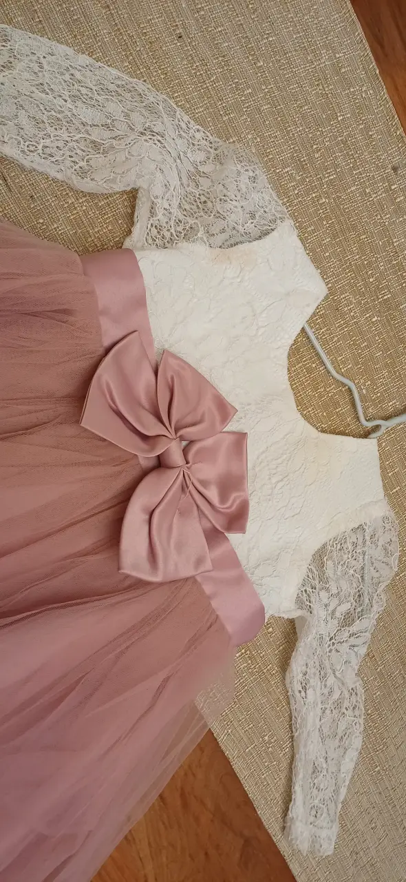 Vestido de encaje para niña con lazo rosa - 4