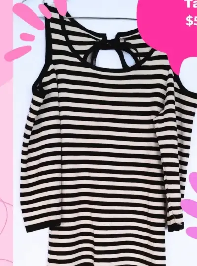 Vestido de rayas blanco y negro con hombros descubiertos - miniatura 1