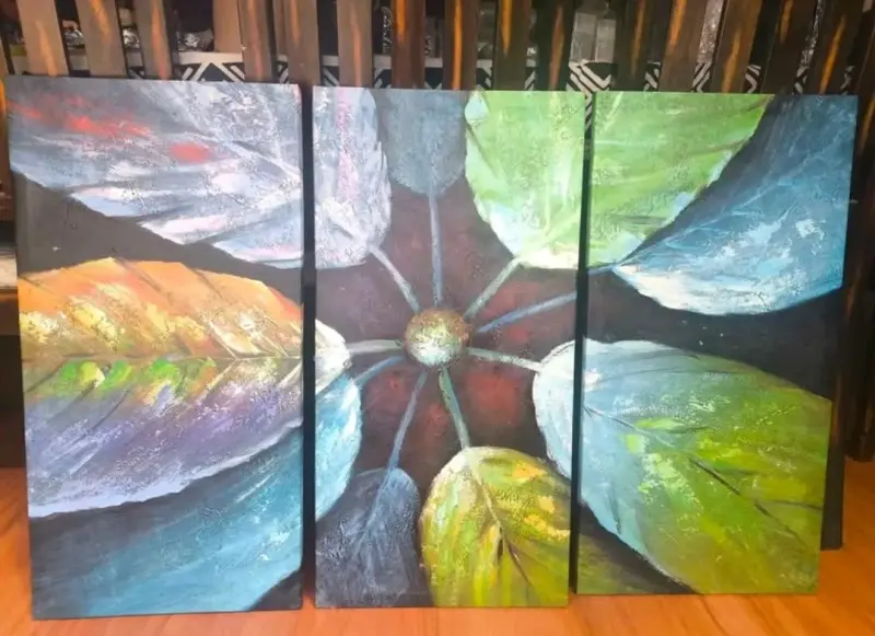 Tríptico de arte abstracto con hojas colorida oleo - 1