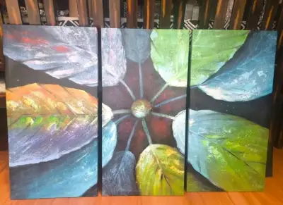 Tríptico de arte abstracto con hojas colorida oleo - miniatura 1