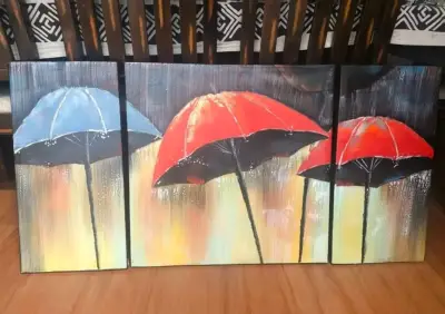 Tríptico de arte abstracto con hojas colorida oleo - miniatura 2