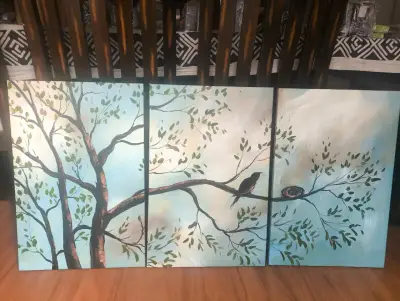 Tríptico decorativo de árbol y pájaro óleo - miniatura 1