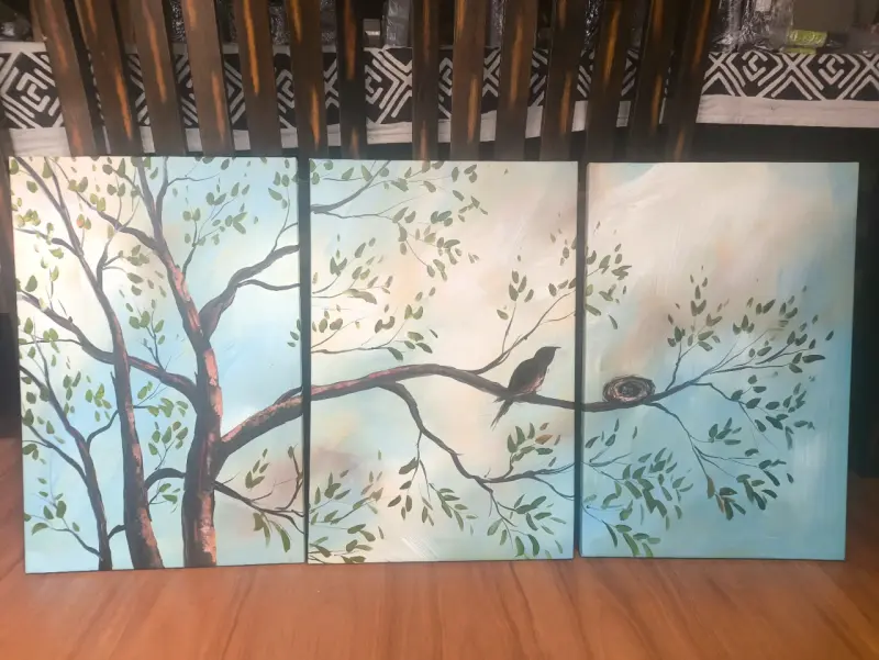 Tríptico decorativo de árbol y pájaro óleo - 2