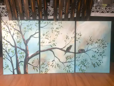 Tríptico decorativo de árbol y pájaro óleo - miniatura 2