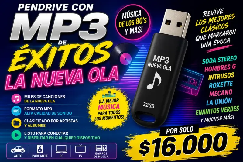 Pendrive 32GB con música MP3 de Nueva Ola Chile