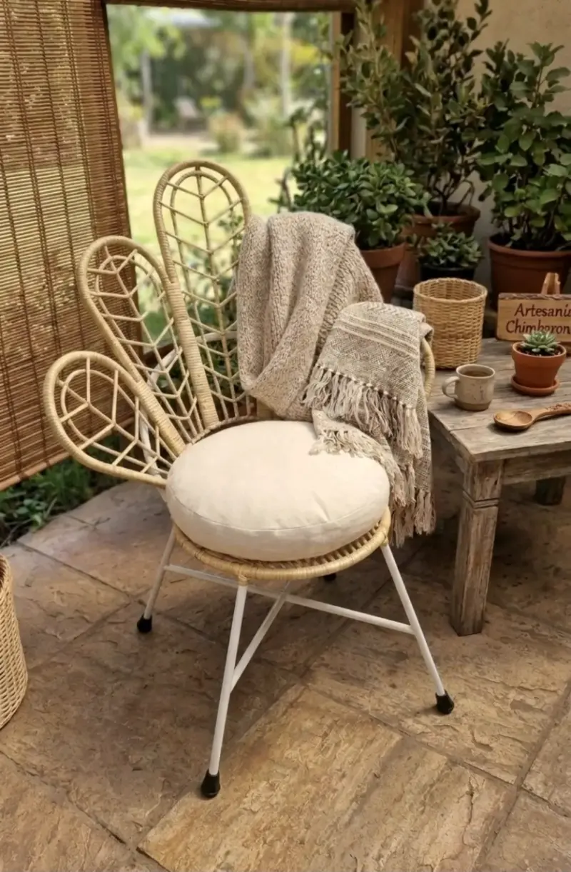 Silla de mimbre con cojín beige